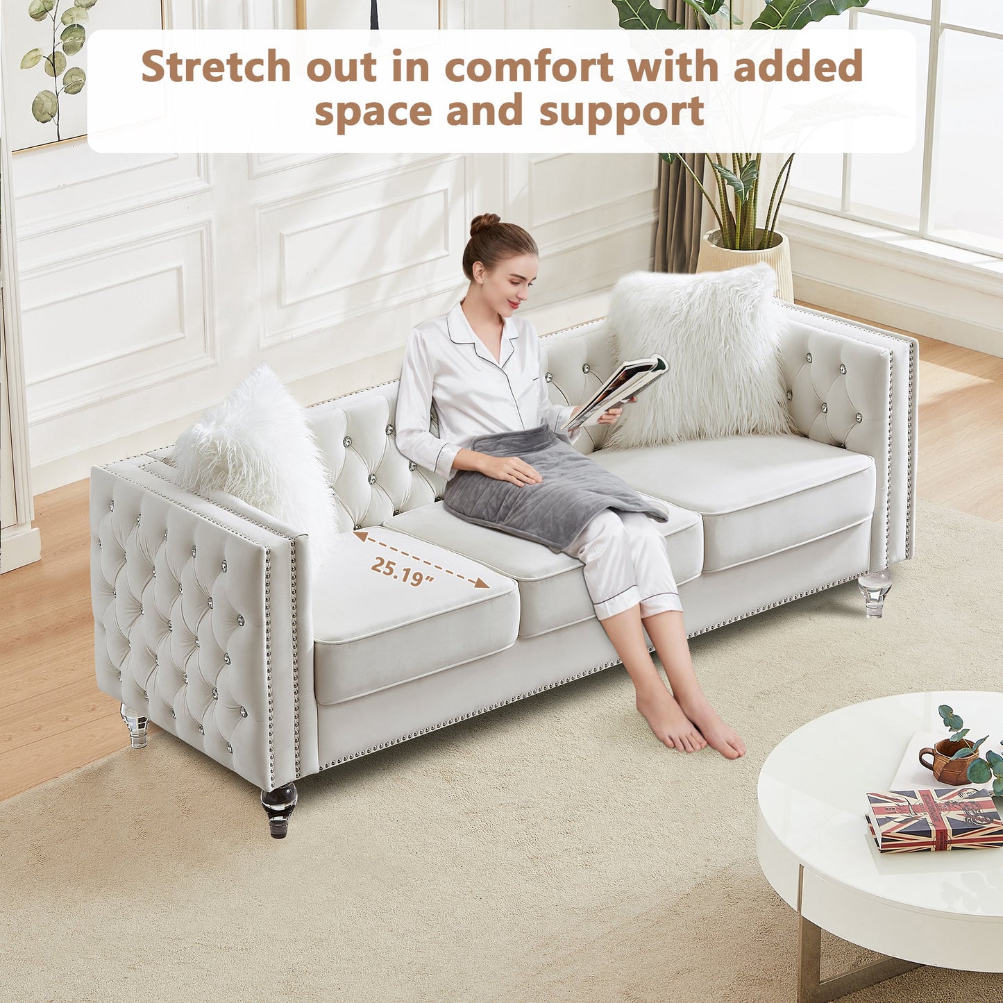 CAFORKP Velvet 3-Seater Sofa, Solid Wood Frame, Button Tufted, Curved Arms, Polyester Upholstery, Beige