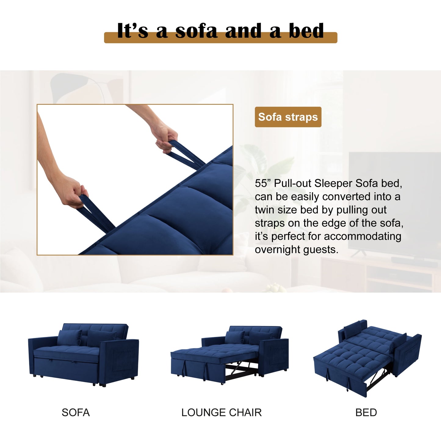 CAFORKP 55" Twin Size Pull-out Sleeper Sofa Bed with Reclining Back, Velvet Upholstery, Blue