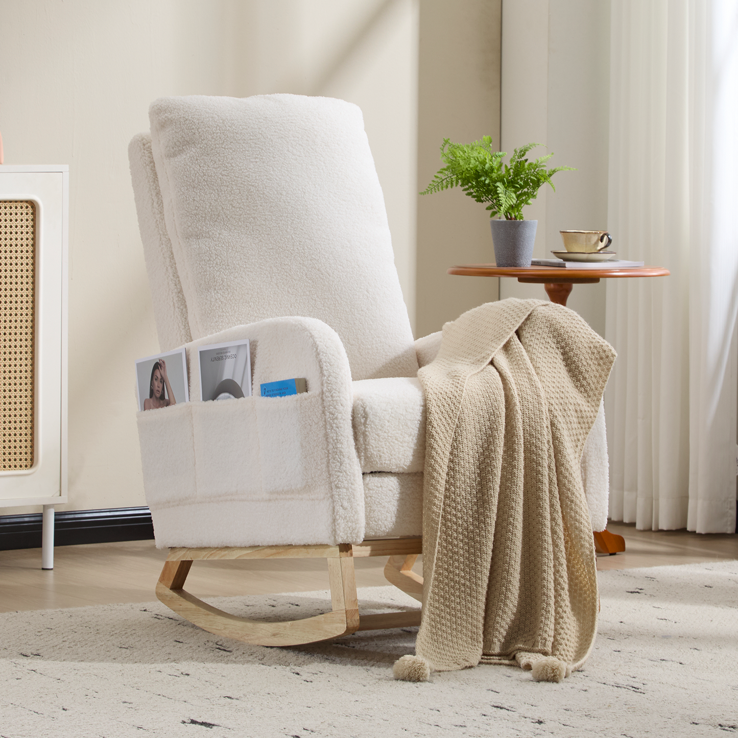 CAFORKP Upholstered Rocking Chair with High Back and Side Pocket, Nursery Glider for Living Room, White