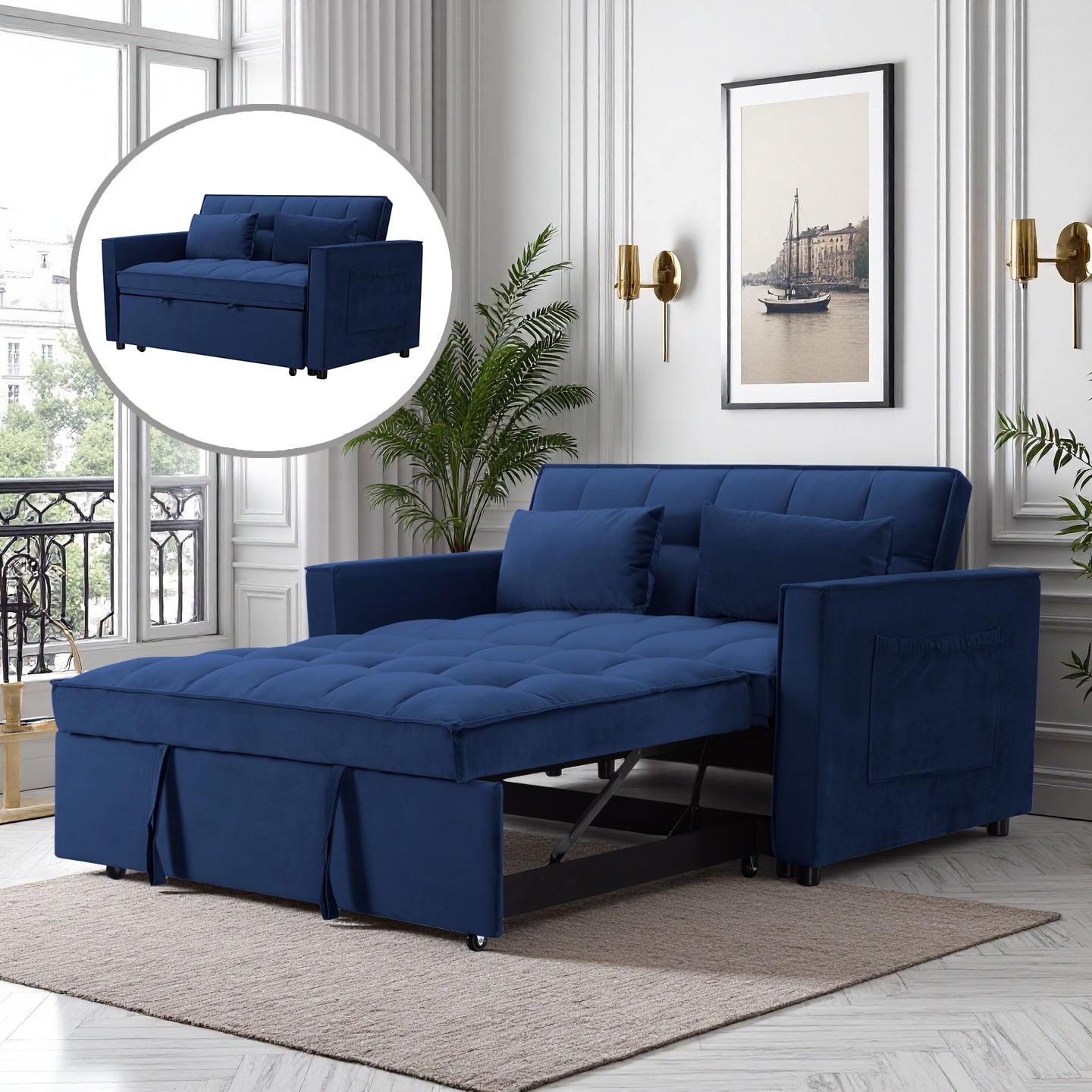 CAFORKP 55" Twin Size Pull-out Sleeper Sofa Bed with Reclining Back, Velvet Upholstery, Blue