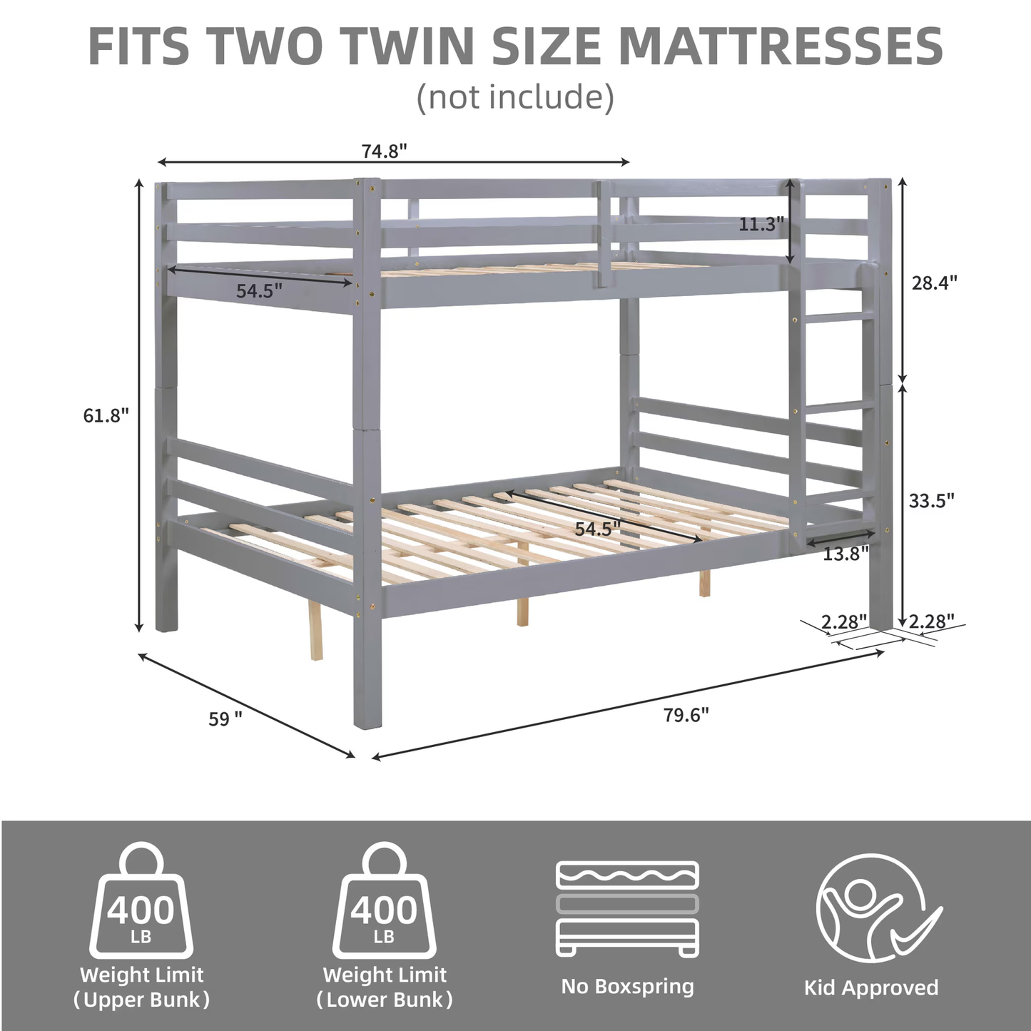 CAFORKP Full Over Full Solid Wood Bunk Bed with Thick Posts, High Guardrail & Ladder, 400LBS Capacity - Gray