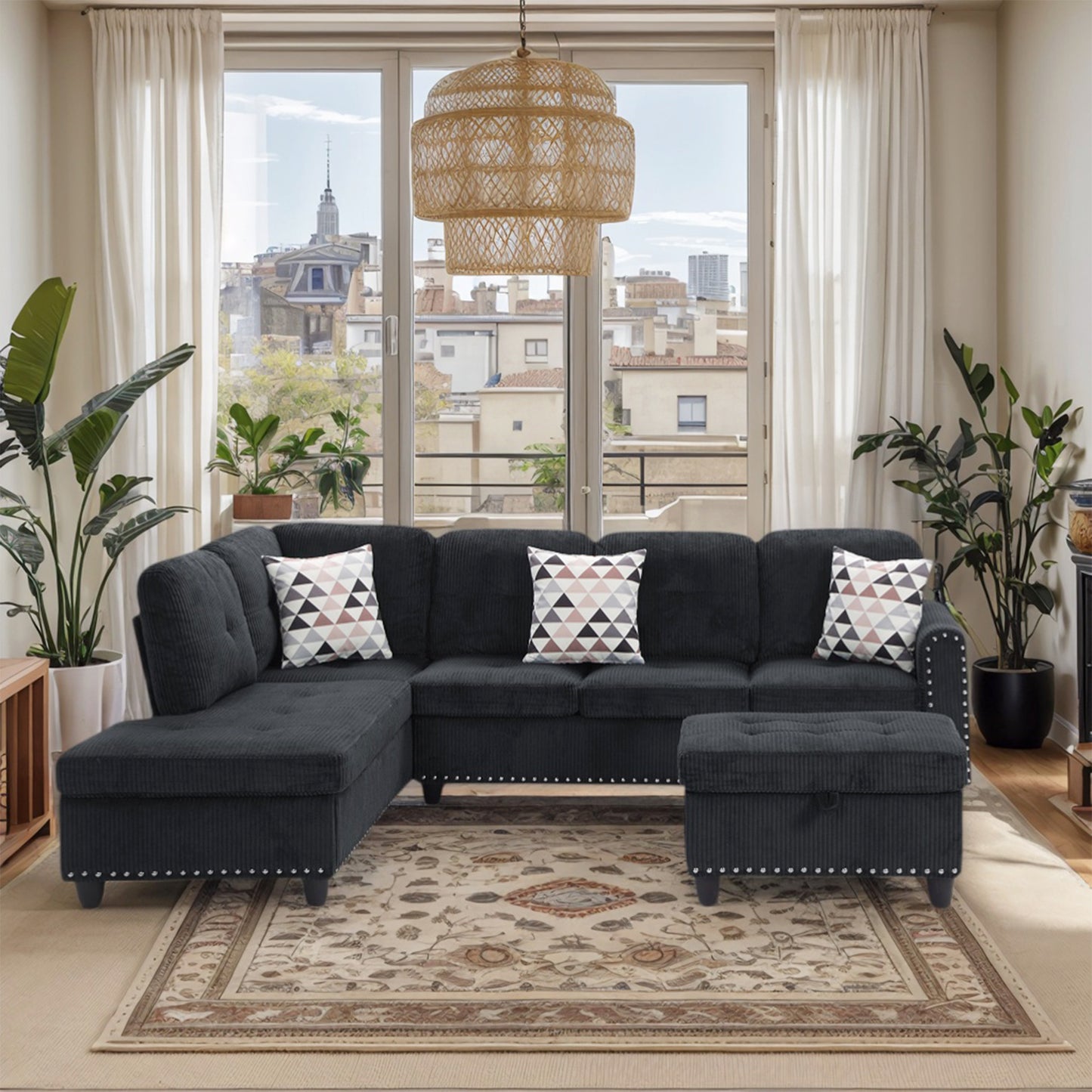 CAFORKP Oversized Modular Sectional Sofa, 94 inch L-Shaped Corduroy Couch with Movable Ottoman and 6 Seats