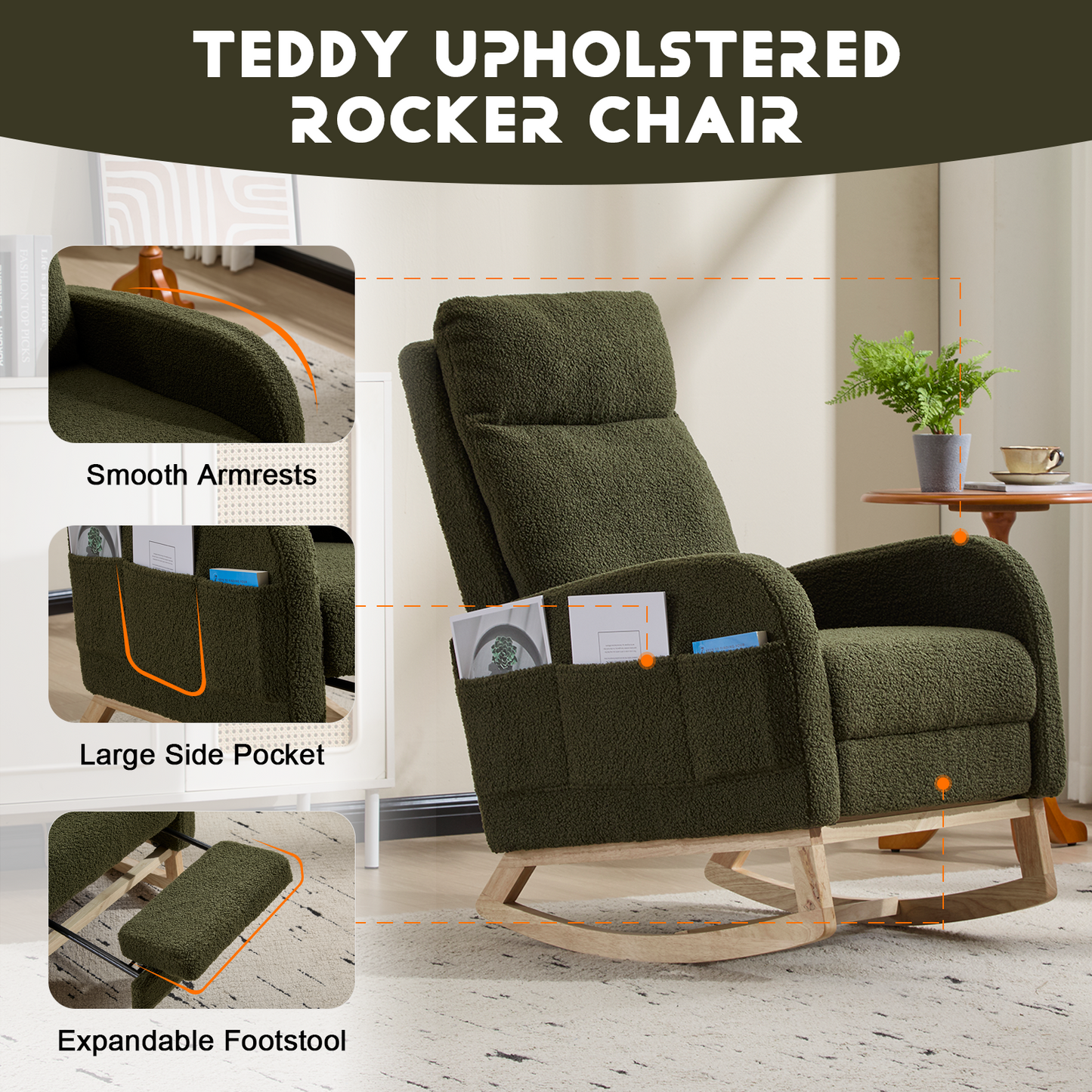 CAFORKP Upholstered Nursery Rocking Chair with High Back, Side Pocket, Wood Base, Dark Green