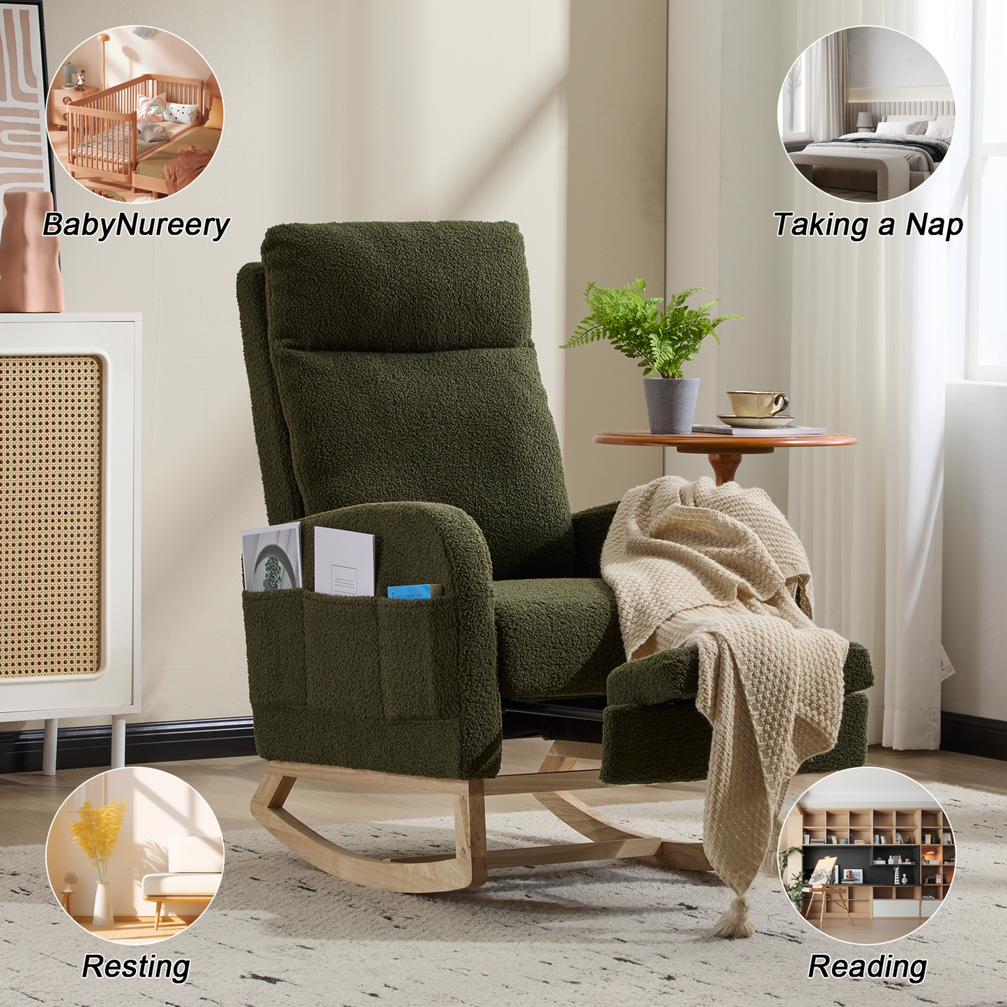 CAFORKP Upholstered Nursery Rocking Chair with High Back, Side Pocket, Wood Base, Dark Green