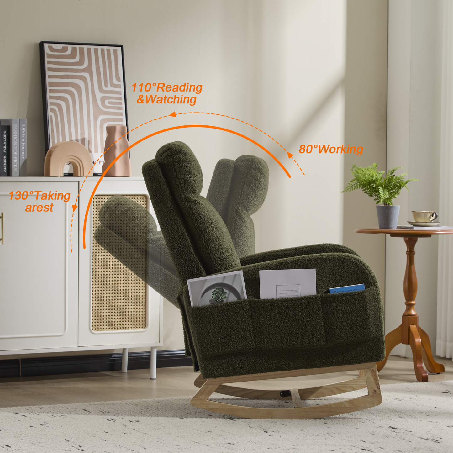 CAFORKP Upholstered Nursery Rocking Chair with High Back, Side Pocket, Wood Base, Dark Green