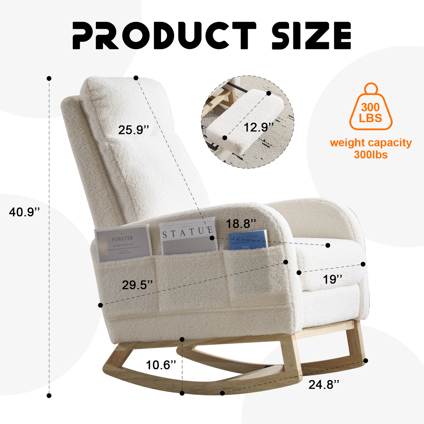 CAFORKP Upholstered Rocking Chair with High Back and Side Pocket, Nursery Glider for Living Room, White