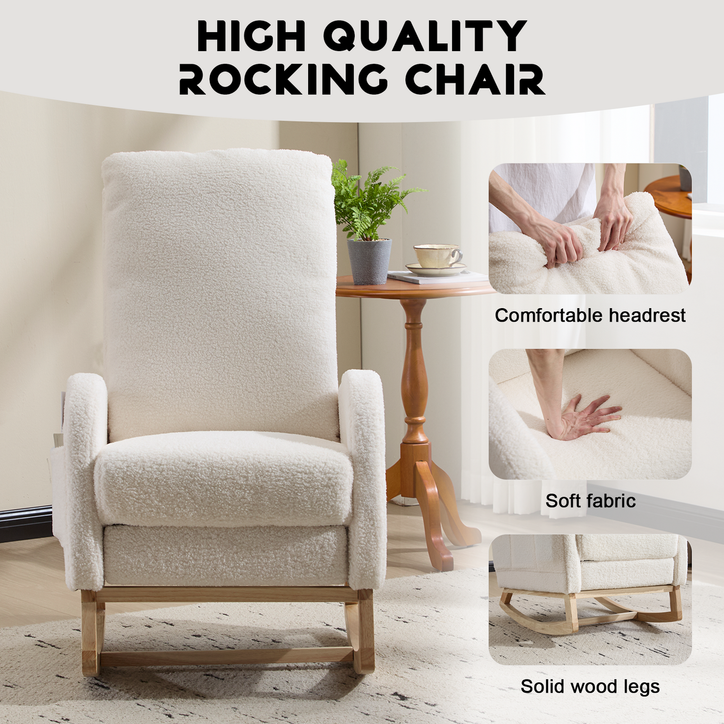 CAFORKP Upholstered Rocking Chair with High Back and Side Pocket, Nursery Glider for Living Room, White