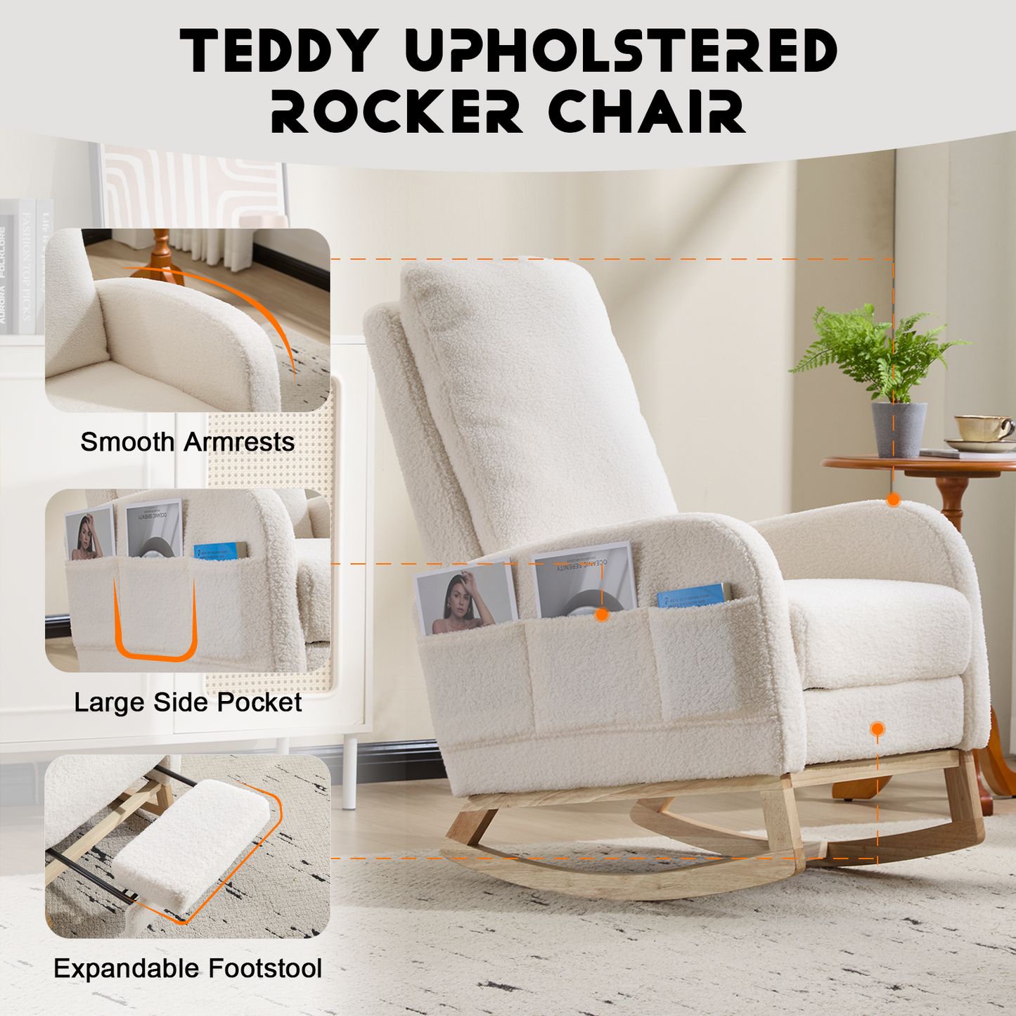 CAFORKP Upholstered Rocking Chair with High Back and Side Pocket, Nursery Glider for Living Room, White