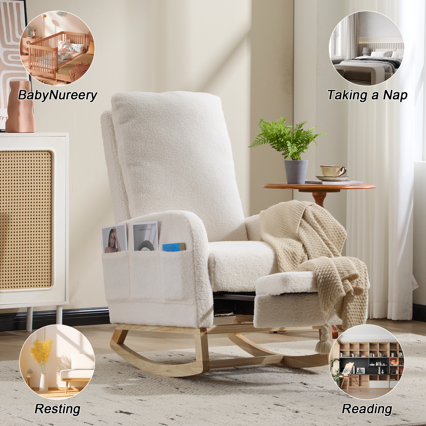 CAFORKP Upholstered Rocking Chair with High Back and Side Pocket, Nursery Glider for Living Room, White