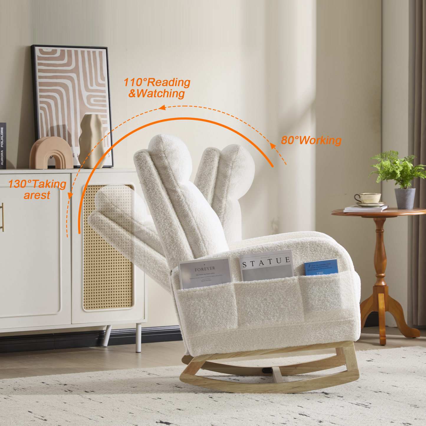 CAFORKP Upholstered Rocking Chair with High Back and Side Pocket, Nursery Glider for Living Room, White