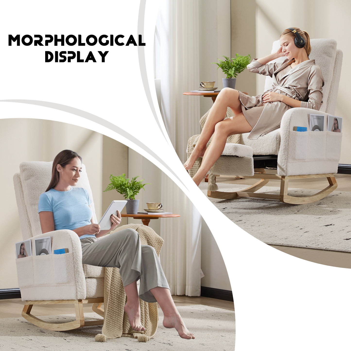 CAFORKP Upholstered Rocking Chair with High Back and Side Pocket, Nursery Glider for Living Room, White