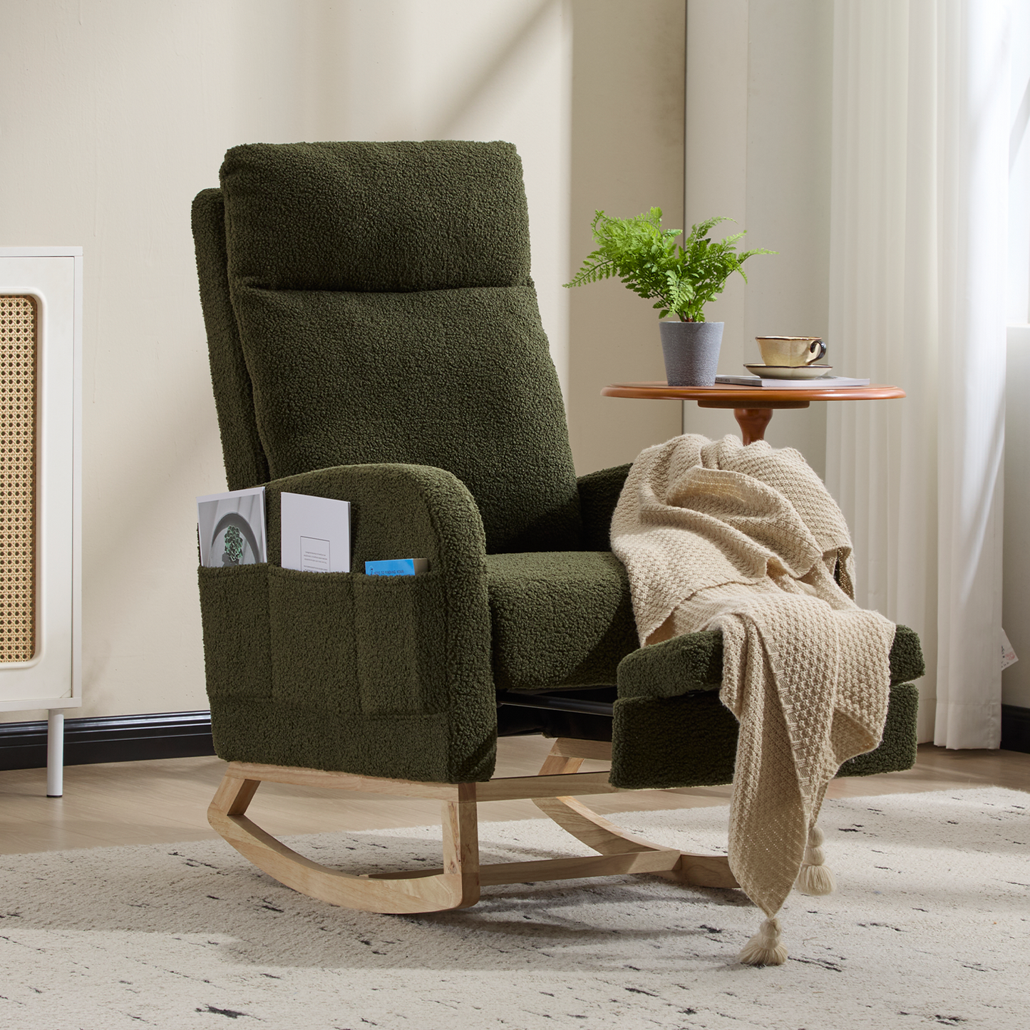 CAFORKP Upholstered Nursery Rocking Chair with High Back, Side Pocket, Wood Base, Dark Green