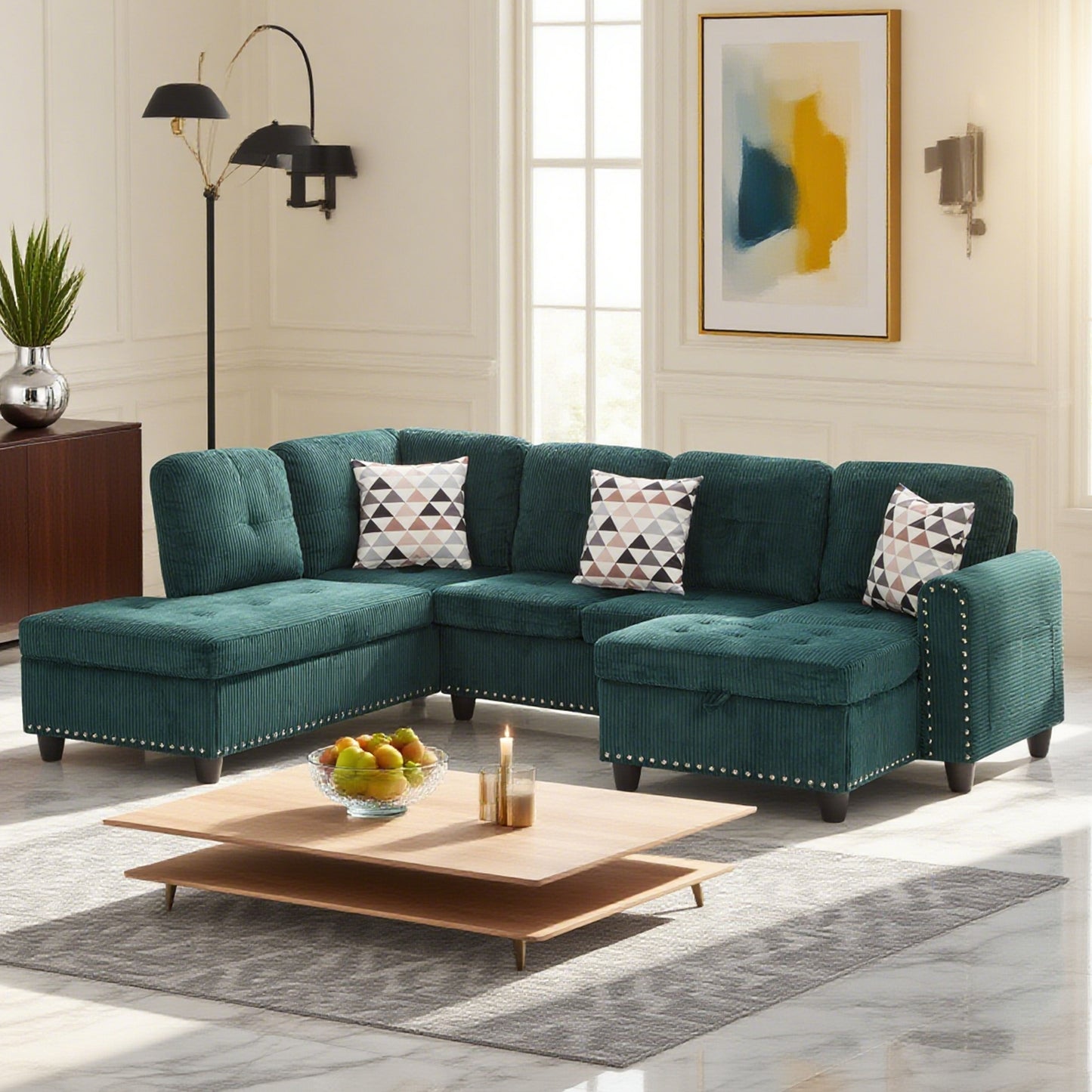 CAFORKP Oversized Modular Sectional Sofa, 94 inch L-Shaped Corduroy Couch with Movable Ottoman and 6 Seats