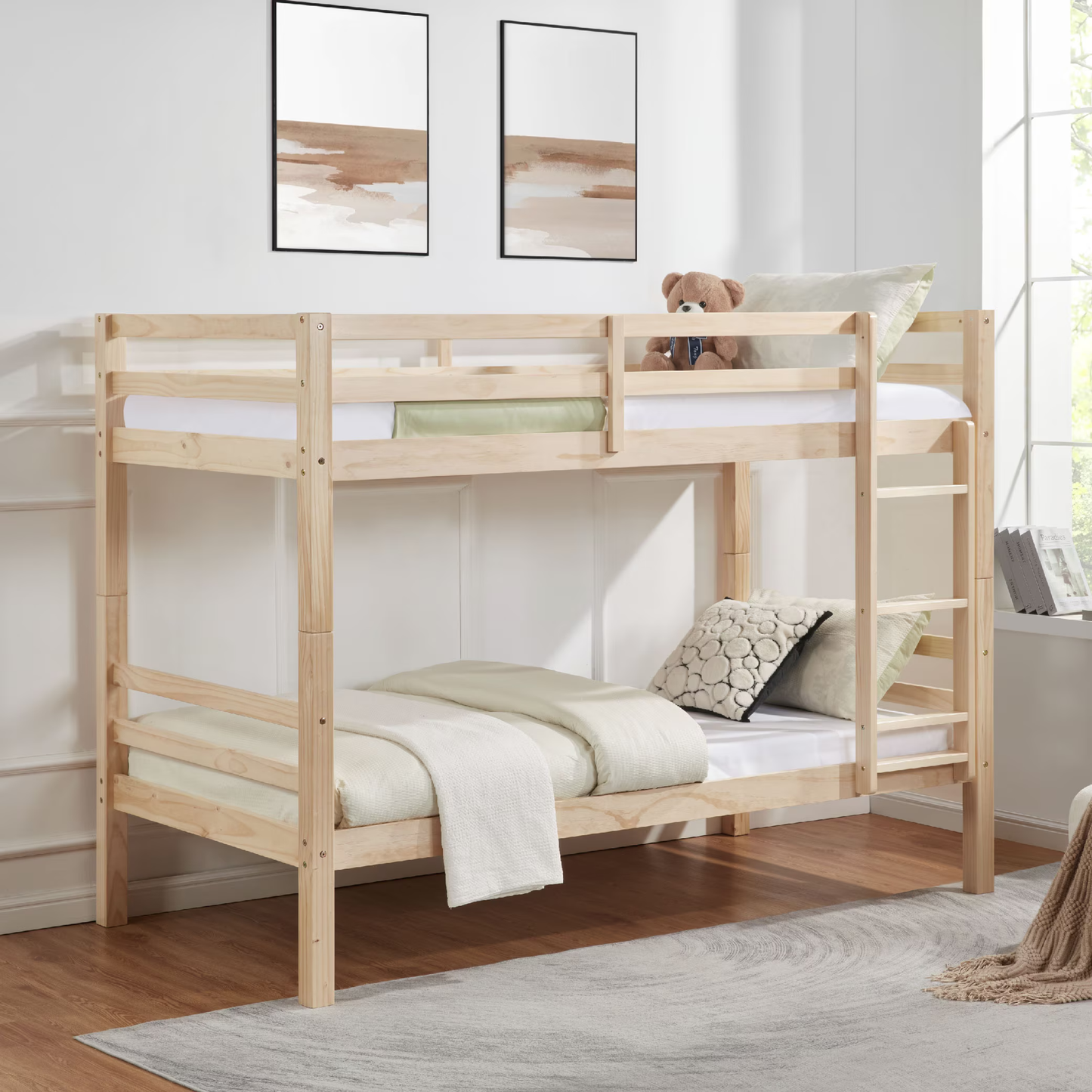 CAFORKP Solid Wood Twin over Twin Bunk Bed with Thickened Posts, Ladder & Guardrails, 400lbs Capacity,Natural Wood