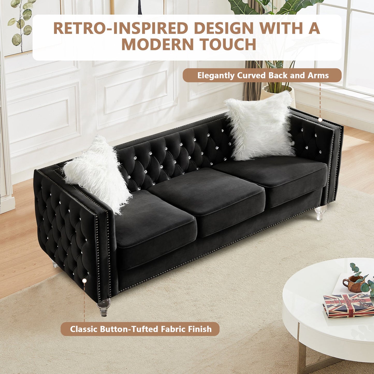 CAFORKP Velvet 3-Seater Sofa, Solid Wood Frame, Button Tufted, Curved Arms, Polyester Upholstery, Black