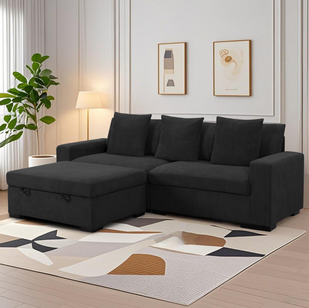 CAFORKP 103.5” Upholstered Modular Sectional Sofa, Deep Cushions, Comfortable Seating, Black