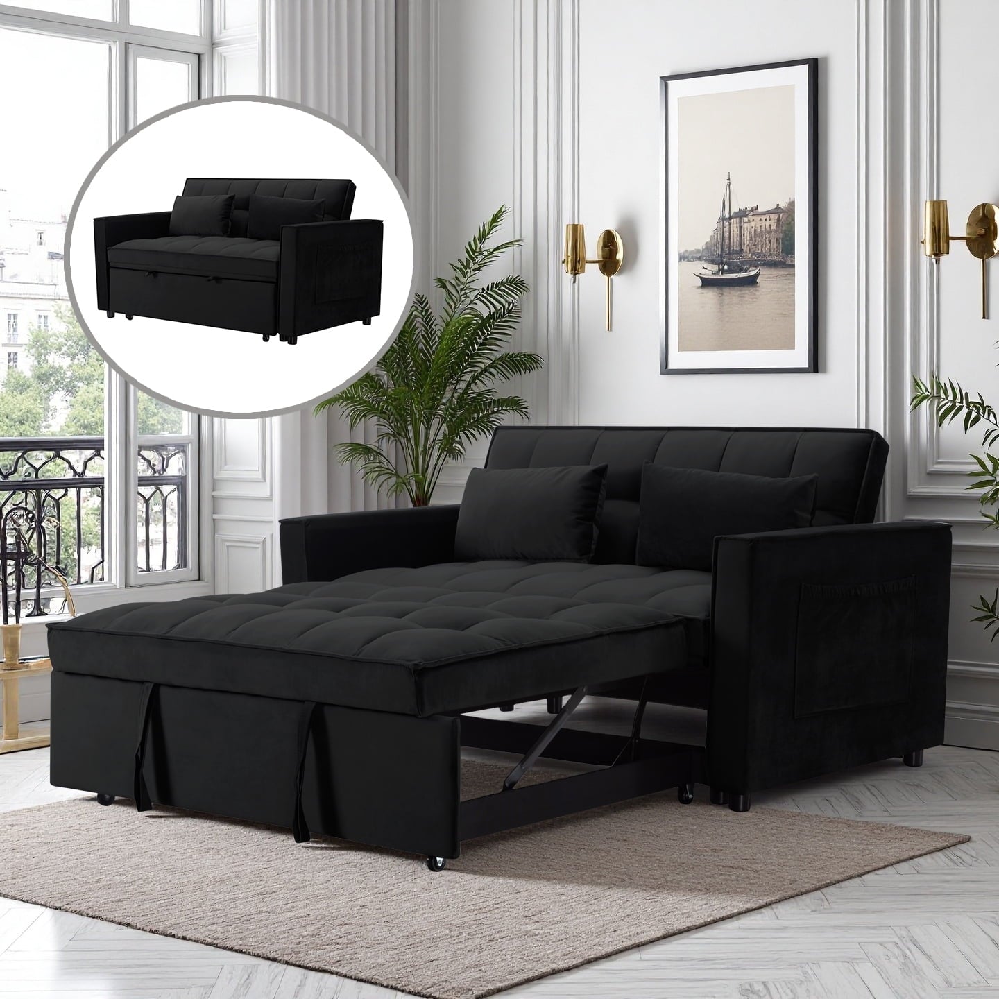 CAFORKP 55" Twin Size Pull-out Sleeper Sofa Bed with Reclining Back, Velvet Upholstery, Black