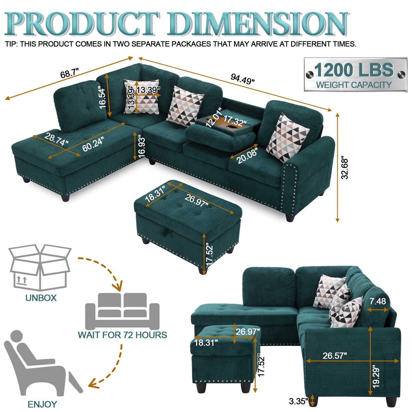 CAFORKP Oversized Modular Sectional Sofa, 94 inch L-Shaped Corduroy Couch with Movable Ottoman and 6 Seats