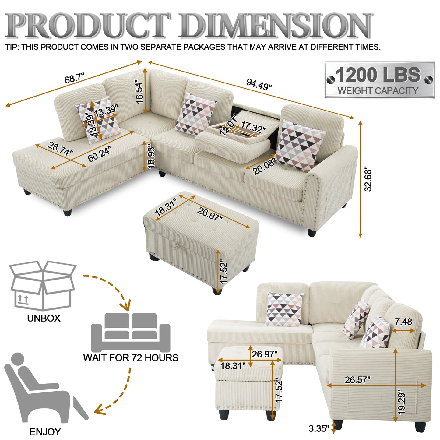 CAFORKP Oversized Modular Sectional Sofa, 94 inch L-Shaped Corduroy Couch with Movable Ottoman and 6 Seats