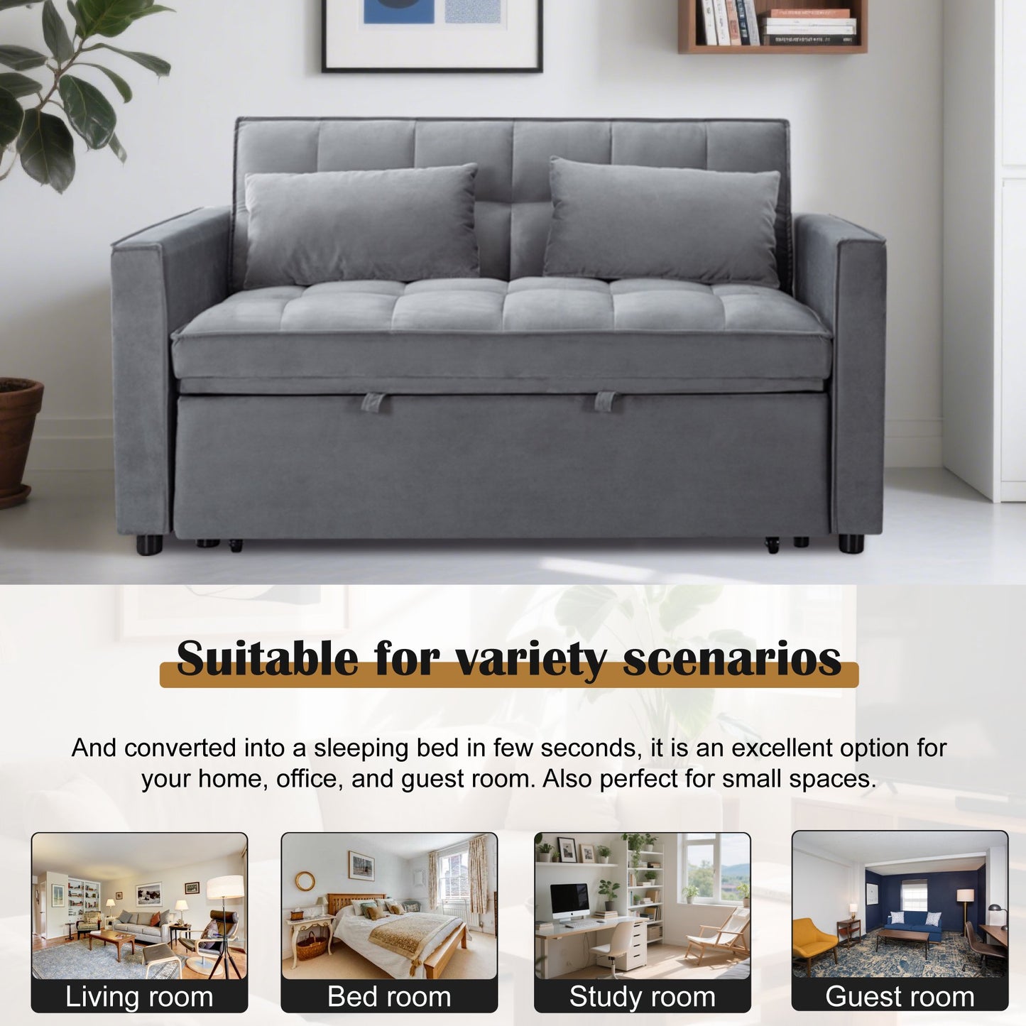 CAFORKP 55" Twin Size Pull-out Sleeper Sofa Bed with Reclining Back, Velvet Upholstery, Gray