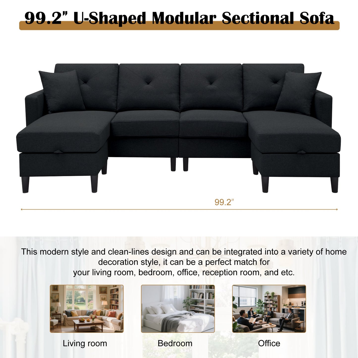 CAFORKP 99.2" U-Shaped Modular Sectional Sofa, Upholstered, Modern Design, Black