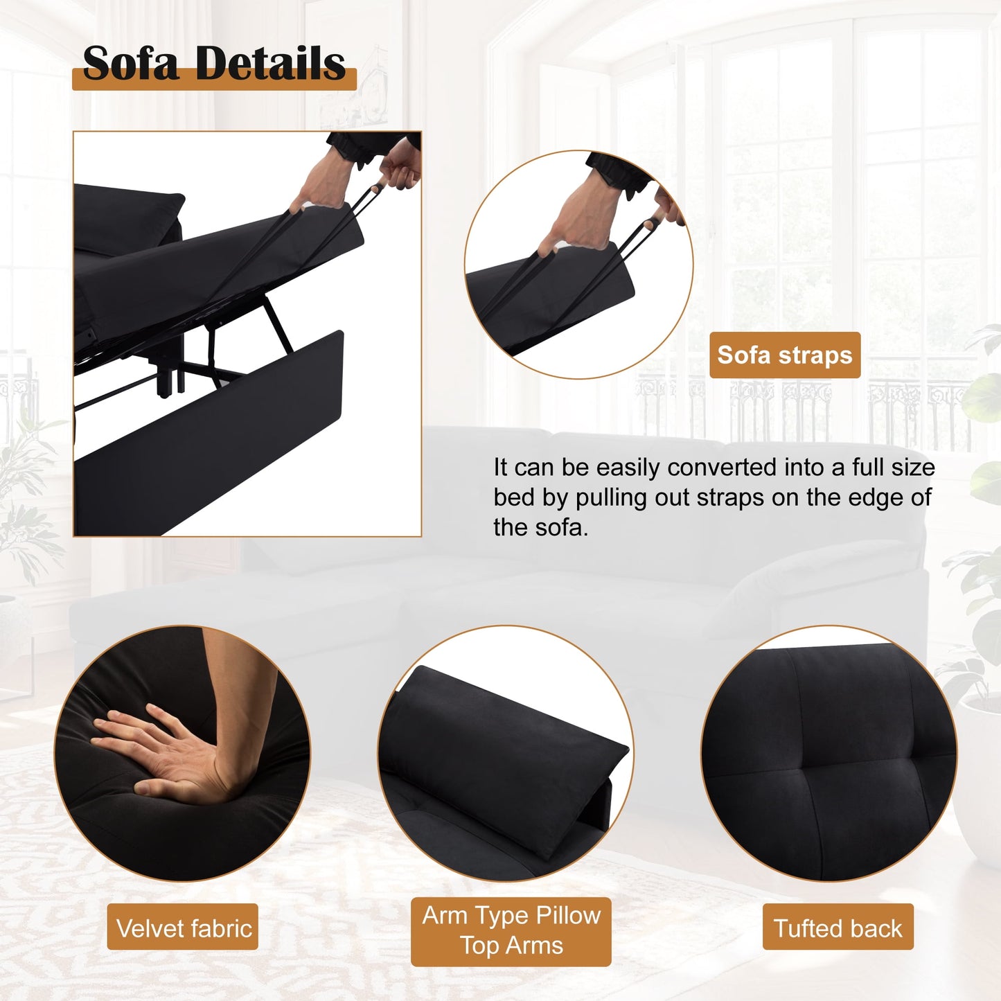 CAFORKP 77.6” Reversible Sectional Sleeper Sofa with Pull-out Bed and Storage Chaise, Velvet, Black