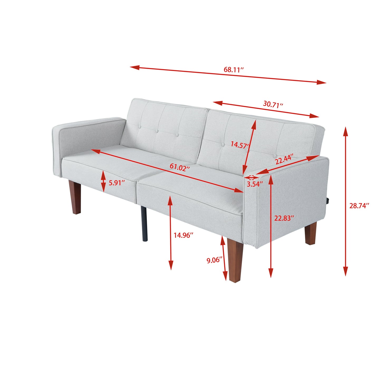 CAFORKP Gray Fabric Sofa, Solid Wood Frame, Mid-Century Style, Foam & Spring Support, Sturdy Legs