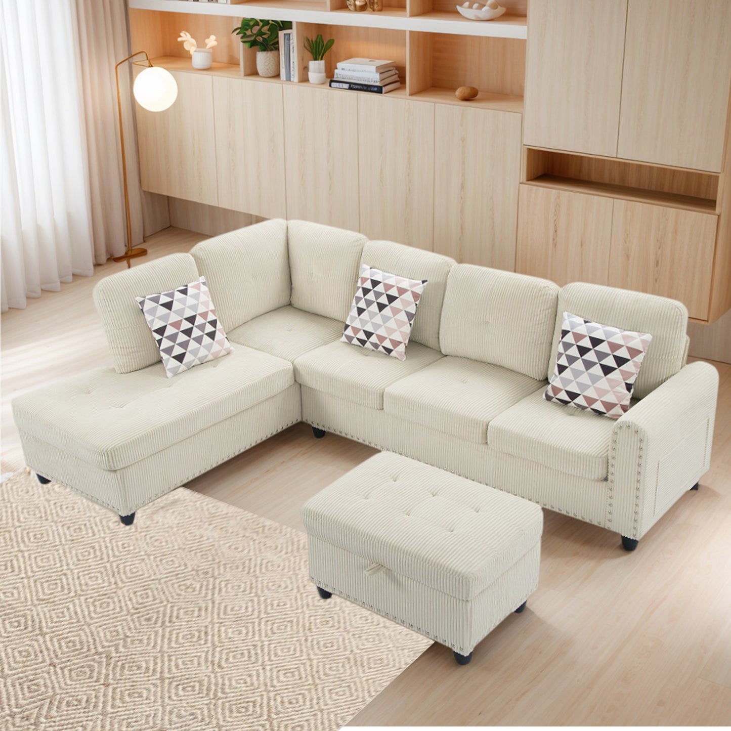 CAFORKP Oversized Modular Sectional Sofa, 94 inch L-Shaped Corduroy Couch with Movable Ottoman and 6 Seats