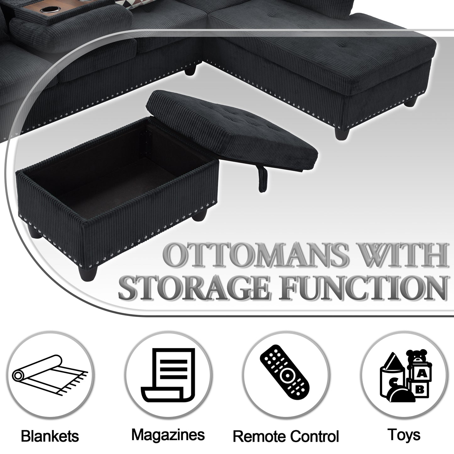 CAFORKP Oversized Modular Sectional Sofa, 94 inch L-Shaped Corduroy Couch with Movable Ottoman and 6 Seats