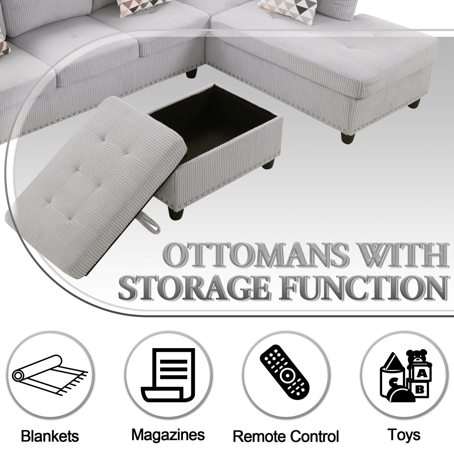 CAFORKP Oversized Modular Sectional Sofa, 94 inch L-Shaped Corduroy Couch with Movable Ottoman and 6 Seats