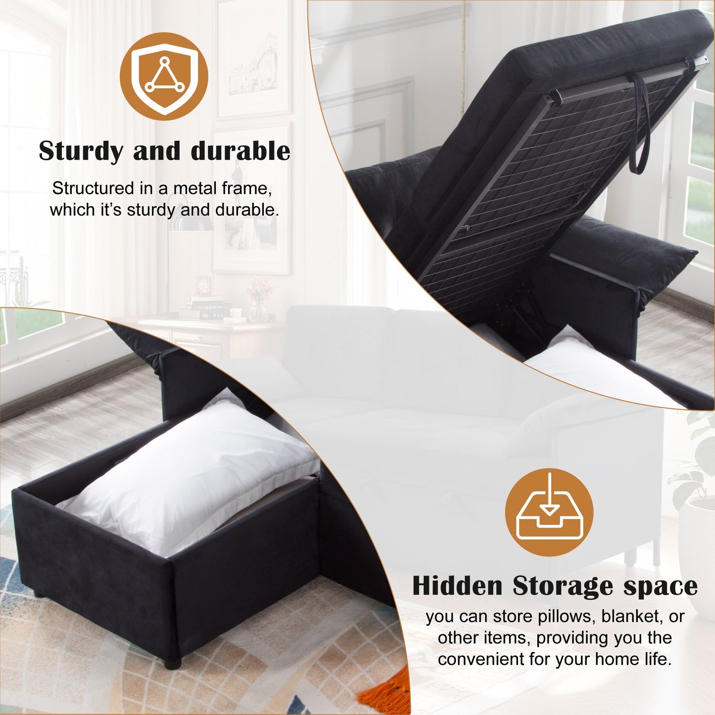 CAFORKP 77.6” Reversible Sectional Sleeper Sofa with Pull-out Bed and Storage Chaise, Velvet, Black