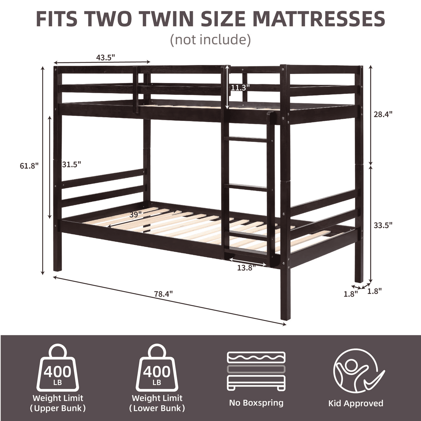 CAFORKP Solid Wood Bunk Bed for Kids with Safety Guardrail, 400 lbs Weight Capacity - Dark Brown