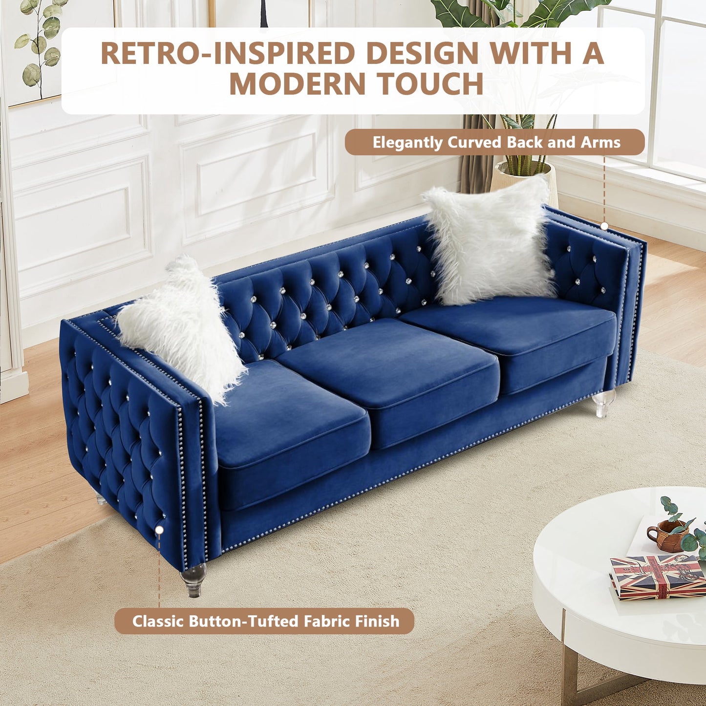 CAFORKP Velvet 3-Seater Sofa, Solid Wood Frame, Button Tufted, Curved Arms, Polyester Upholstery, Navy Blue