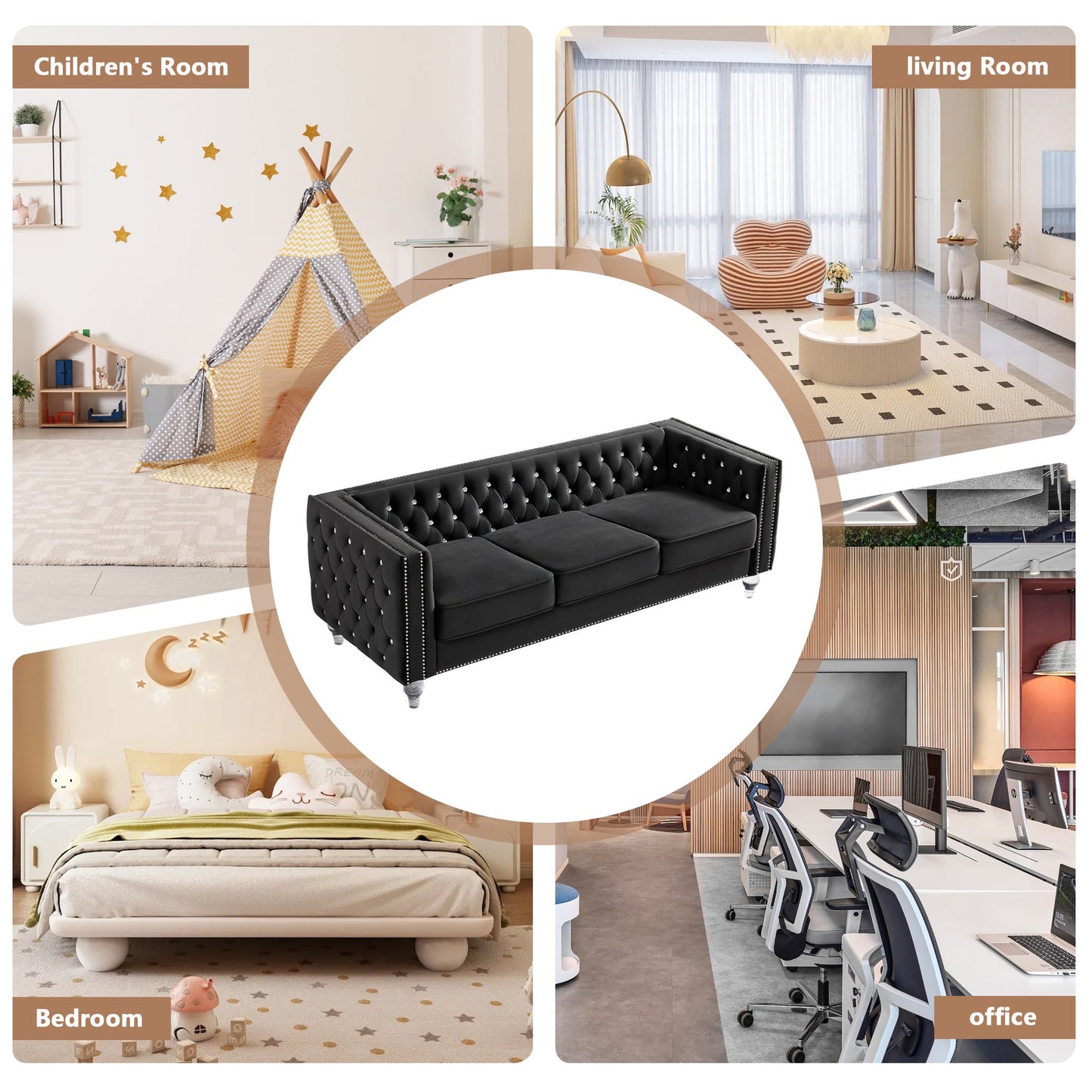 CAFORKP Velvet 3-Seater Sofa, Solid Wood Frame, Button Tufted, Curved Arms, Polyester Upholstery, Black