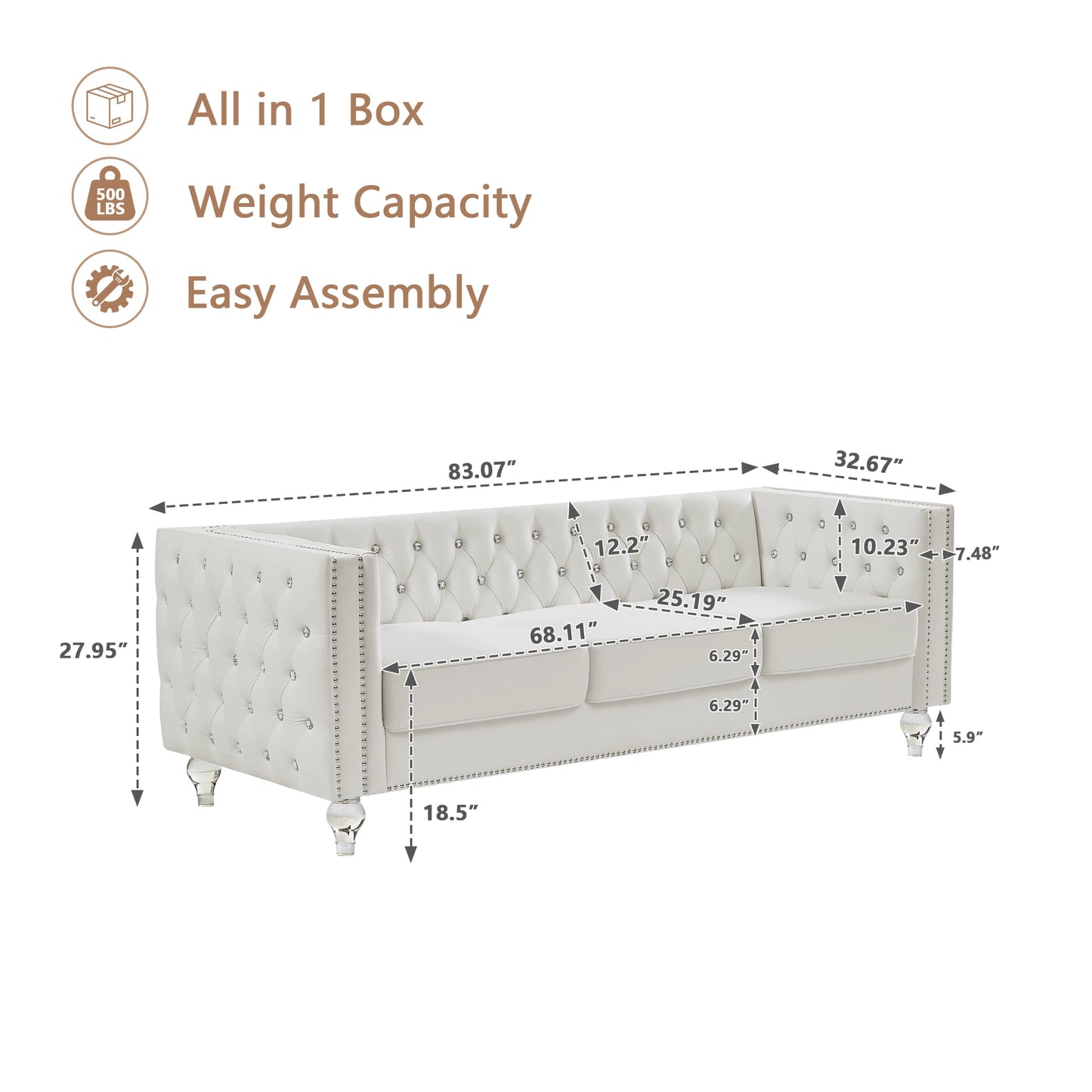 CAFORKP Velvet 3-Seater Sofa, Solid Wood Frame, Button Tufted, Curved Arms, Polyester Upholstery, Beige