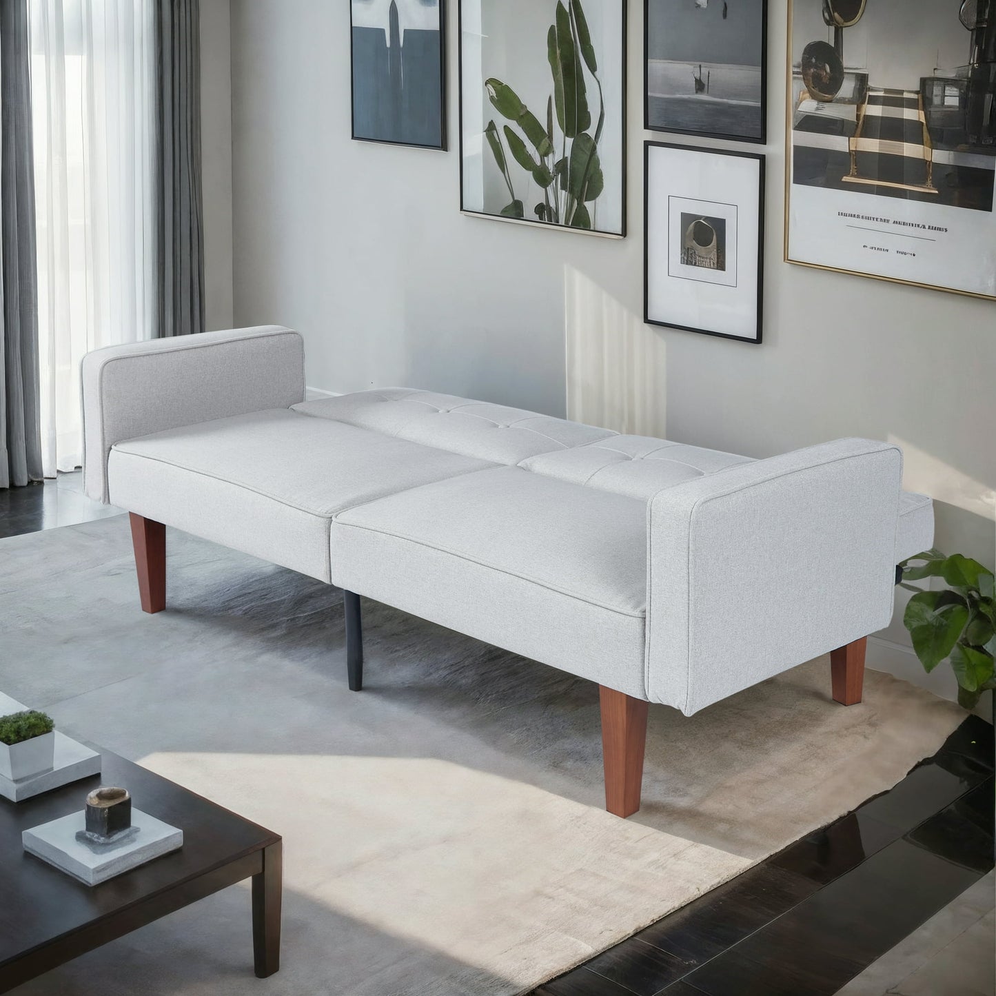 CAFORKP Gray Fabric Sofa, Solid Wood Frame, Mid-Century Style, Foam & Spring Support, Sturdy Legs