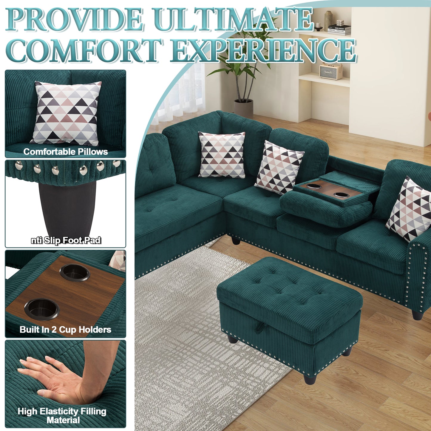 CAFORKP Oversized Modular Sectional Sofa, 94 inch L-Shaped Corduroy Couch with Movable Ottoman and 6 Seats