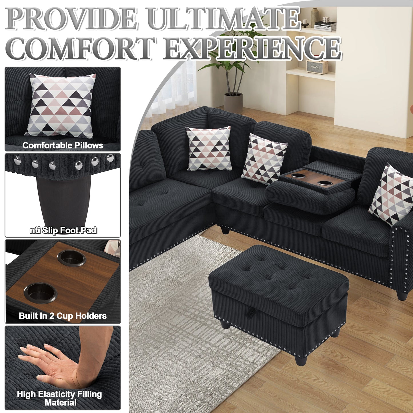 CAFORKP Oversized Modular Sectional Sofa, 94 inch L-Shaped Corduroy Couch with Movable Ottoman and 6 Seats