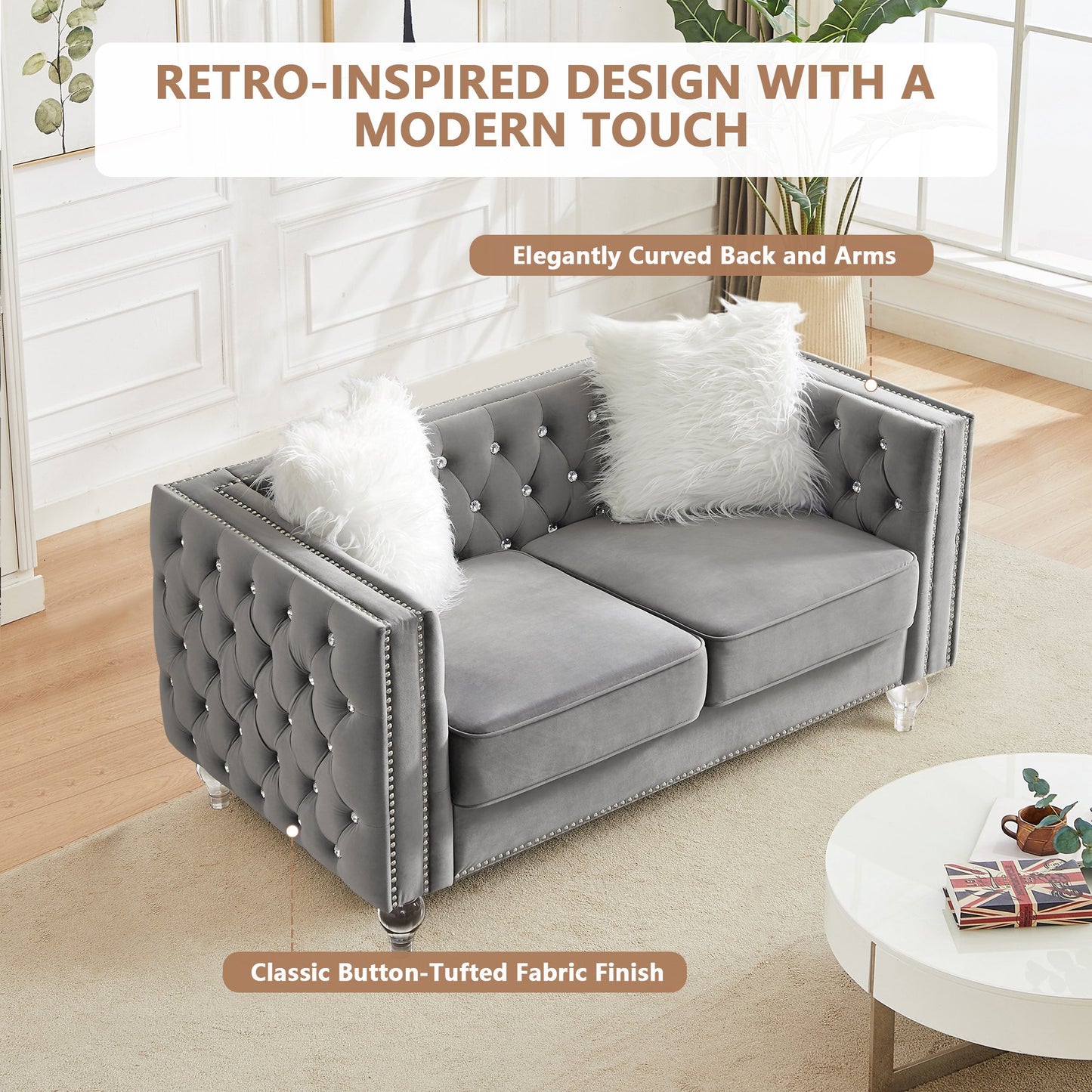CAFORKP Velvet Loveseat Sofa, Solid Wood Frame, Polyester Upholstery, Foam Filled, Tufted, Gray