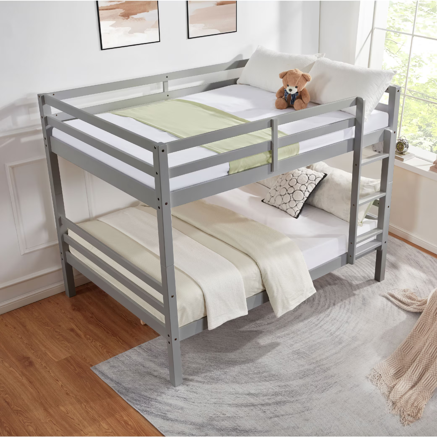 CAFORKP Full Over Full Solid Wood Bunk Bed with Thick Posts, High Guardrail & Ladder, 400LBS Capacity - Gray