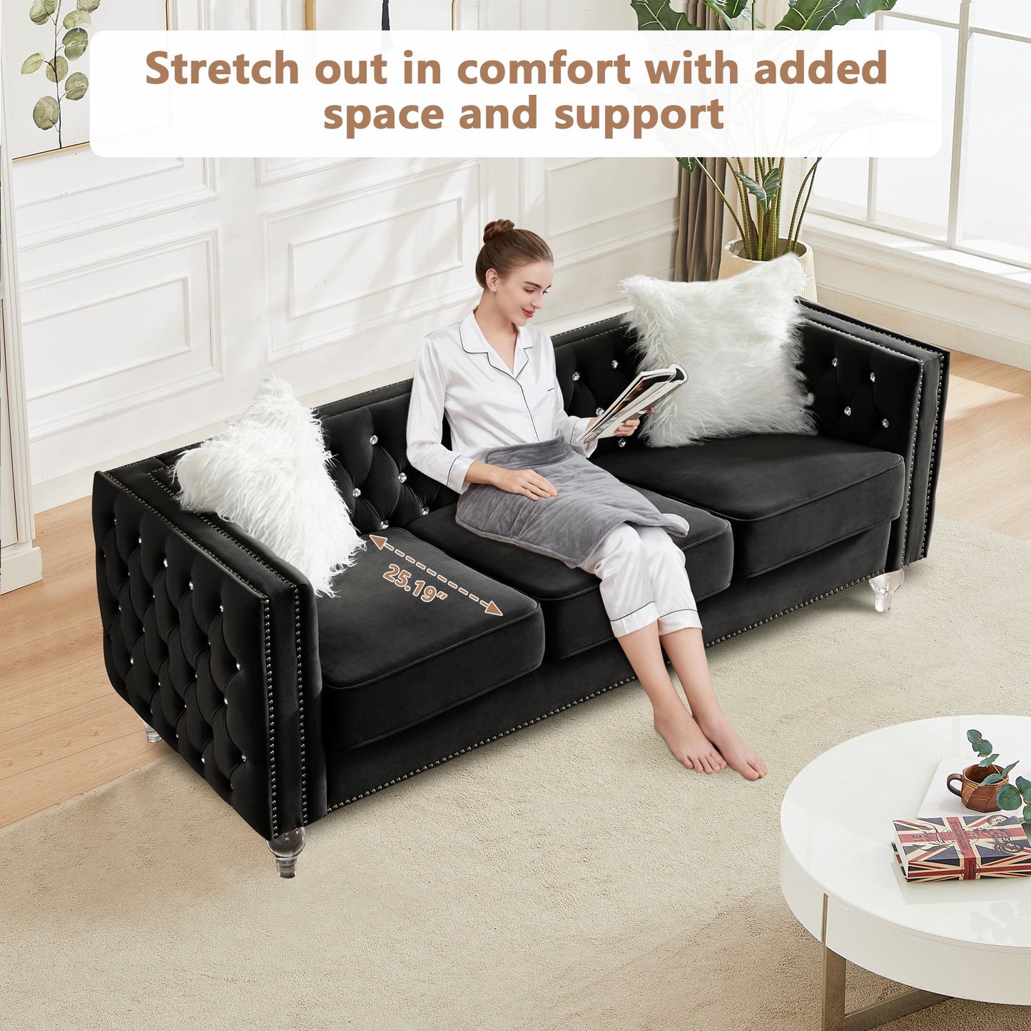CAFORKP Velvet 3-Seater Sofa, Solid Wood Frame, Button Tufted, Curved Arms, Polyester Upholstery, Black
