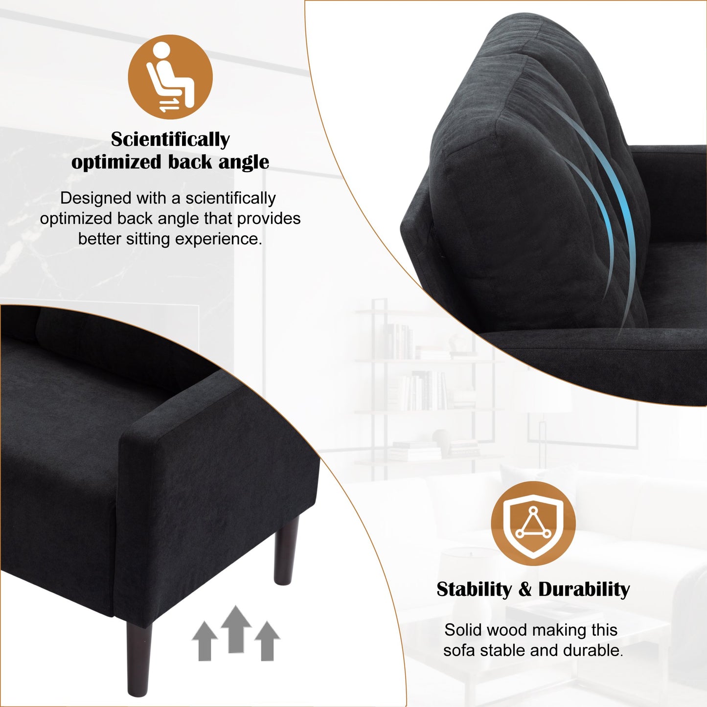 CAFORKP 51.2" Black Loveseat Sofa with Removable Cushions, Solid Wood Frame, Modern Design