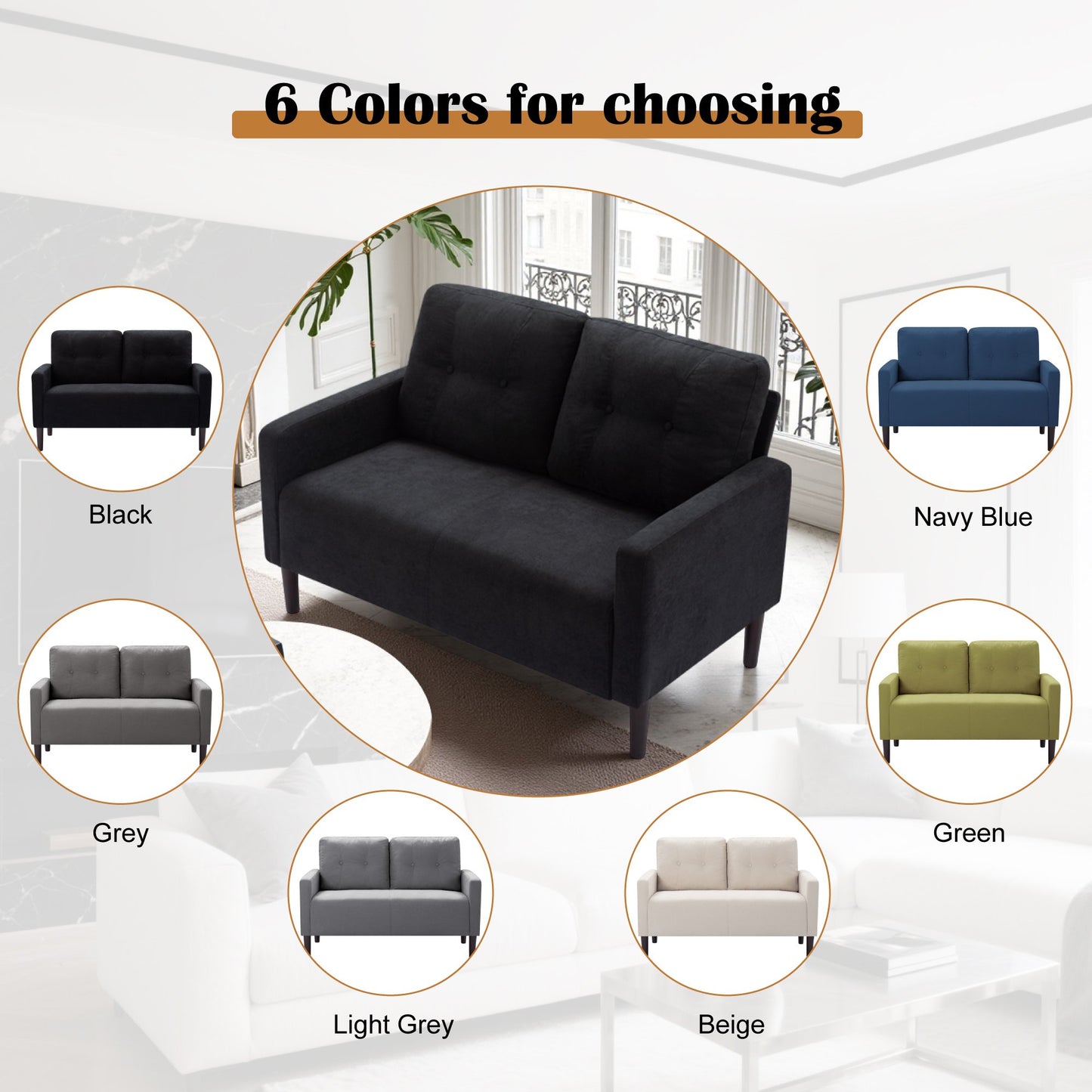 CAFORKP 51.2" Black Loveseat Sofa with Removable Cushions, Solid Wood Frame, Modern Design