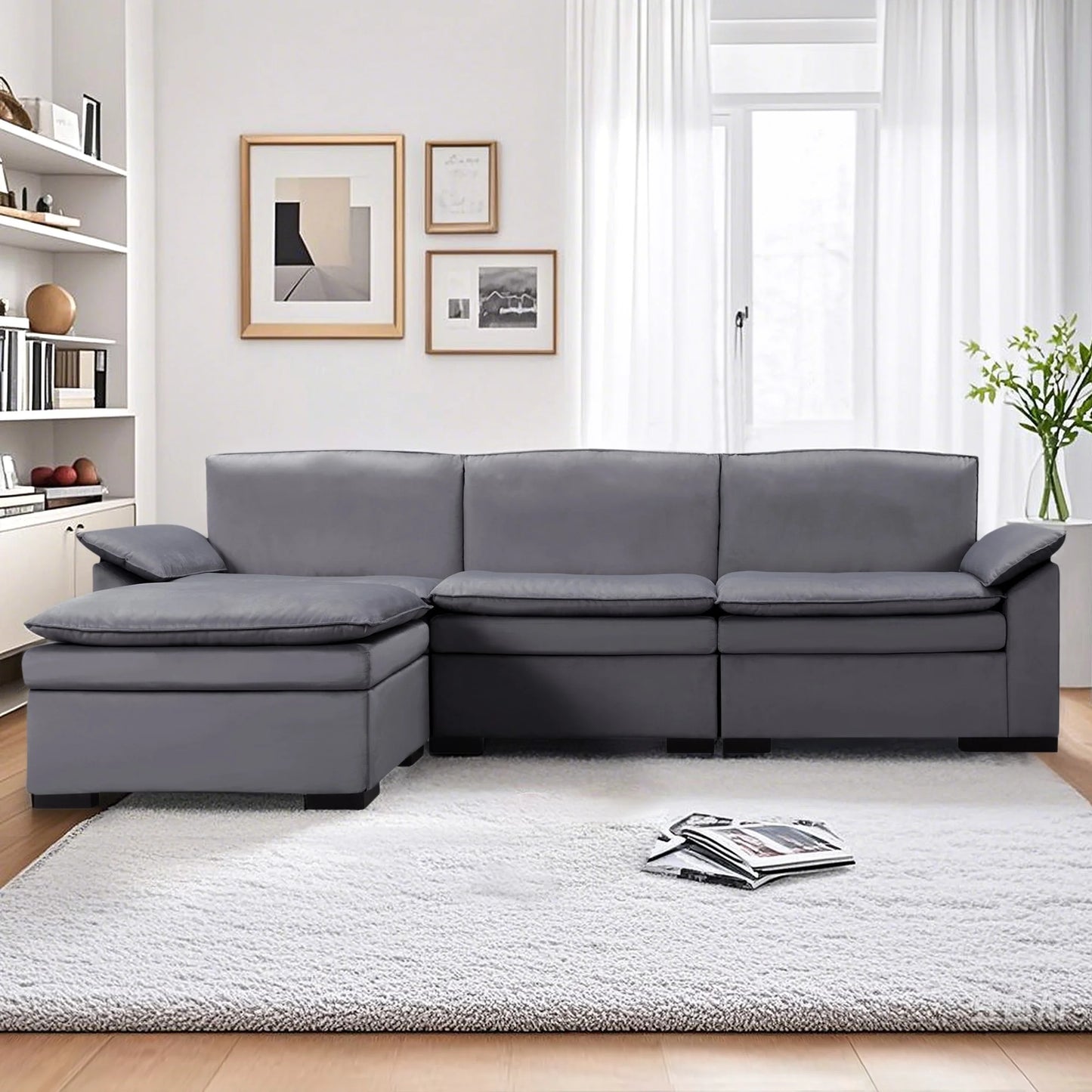 CAFORKP 117.7” Sectional Sofa with Ottoman, the ottoman is movable,Deep Gray