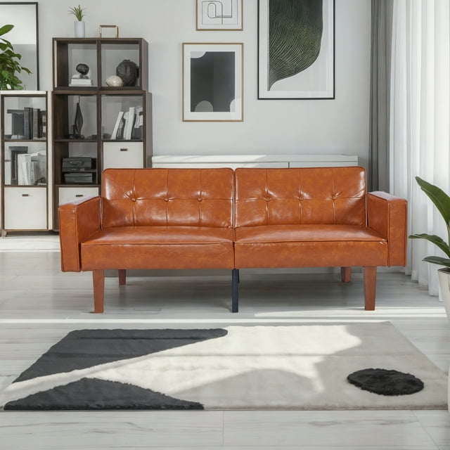 CAFORKP Brown Glossy PU Leather Sofa, Solid Wood Frame, Foam & Spring Support, Modern Design