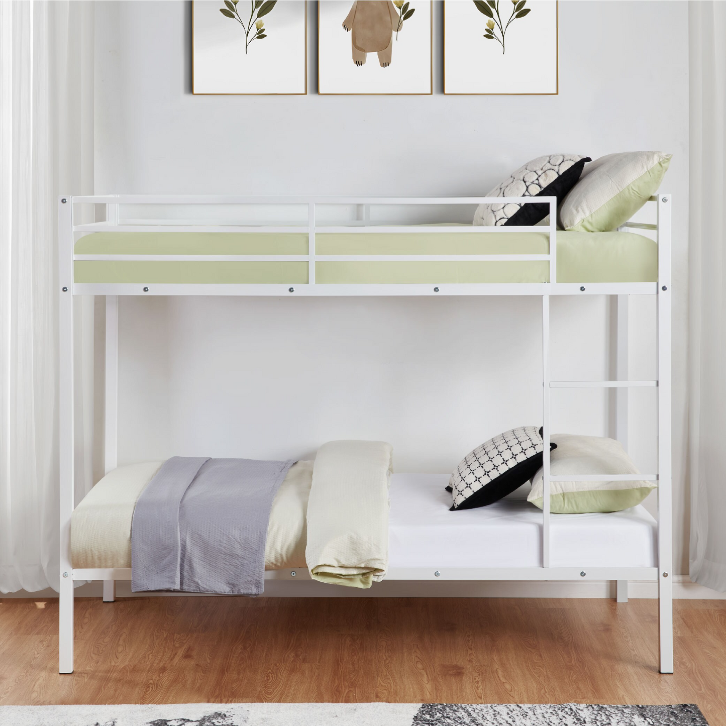 CAFORKP Metal Twin Over Twin Low Profile Bunk Bed with Ladder, High Guardrail & Steel Slats, White