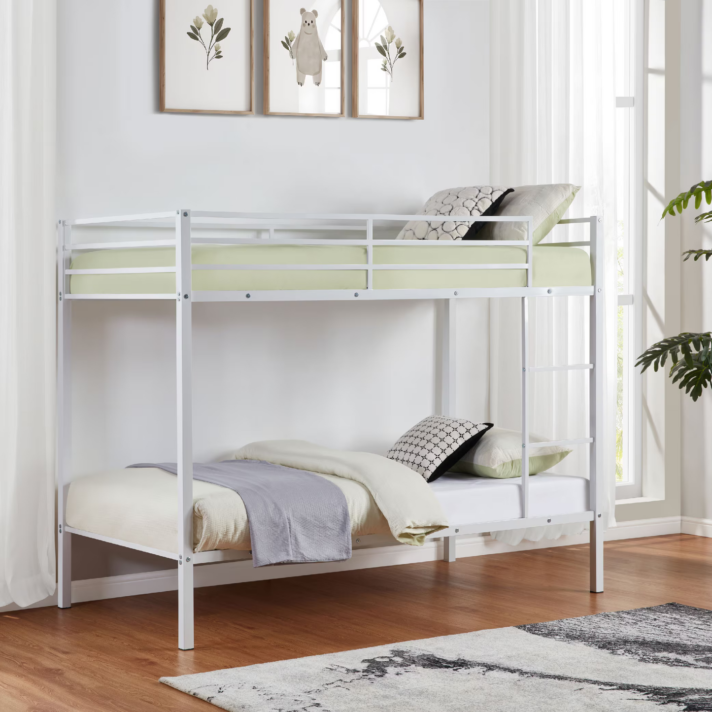 CAFORKP Metal Twin Over Twin Low Profile Bunk Bed with Ladder, High Guardrail & Steel Slats, White