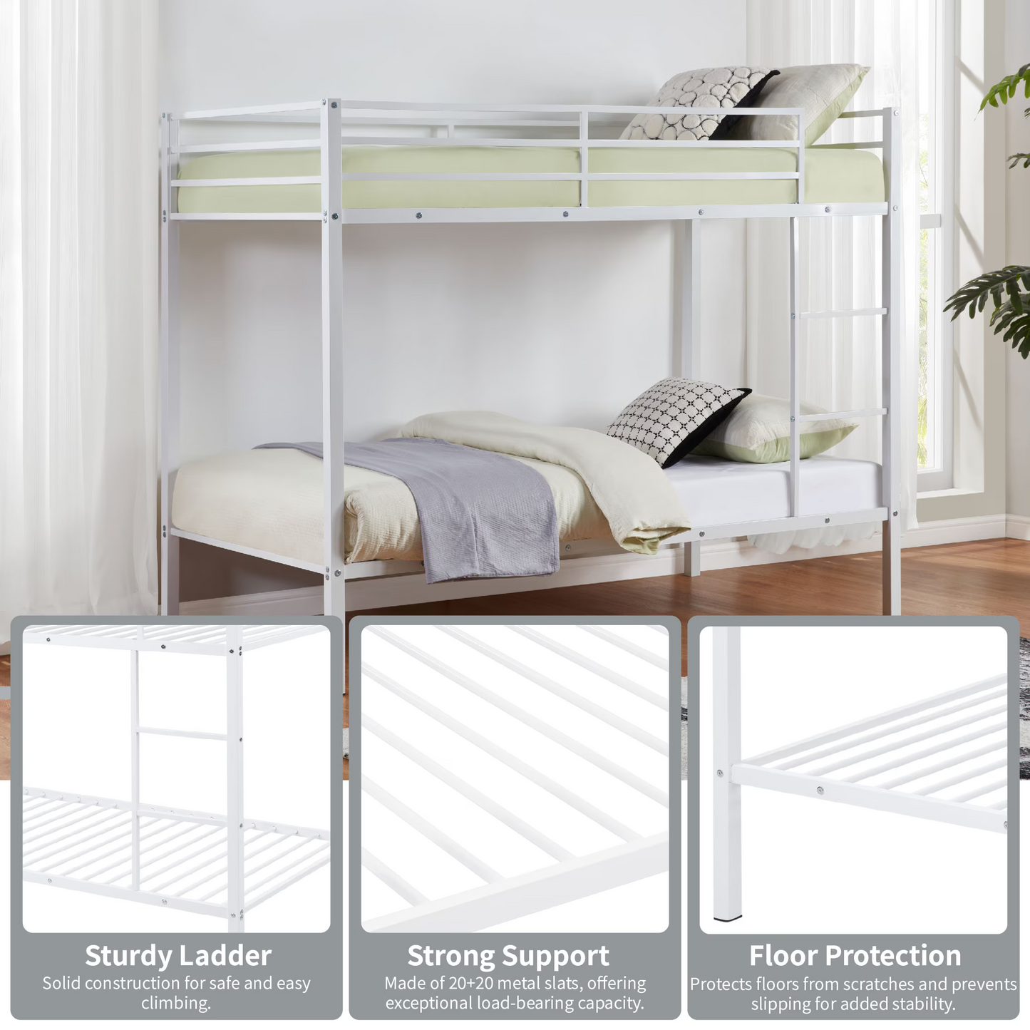 CAFORKP Metal Twin Over Twin Low Profile Bunk Bed with Ladder, High Guardrail & Steel Slats, White