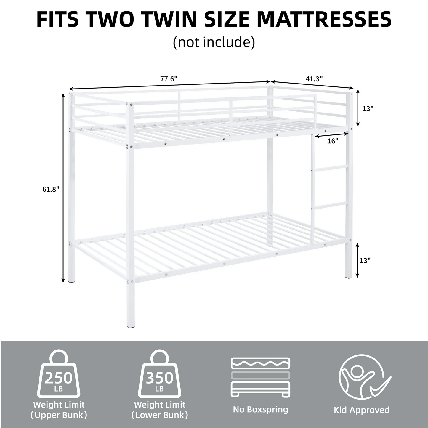 CAFORKP Metal Twin Over Twin Low Profile Bunk Bed with Ladder, High Guardrail & Steel Slats, White