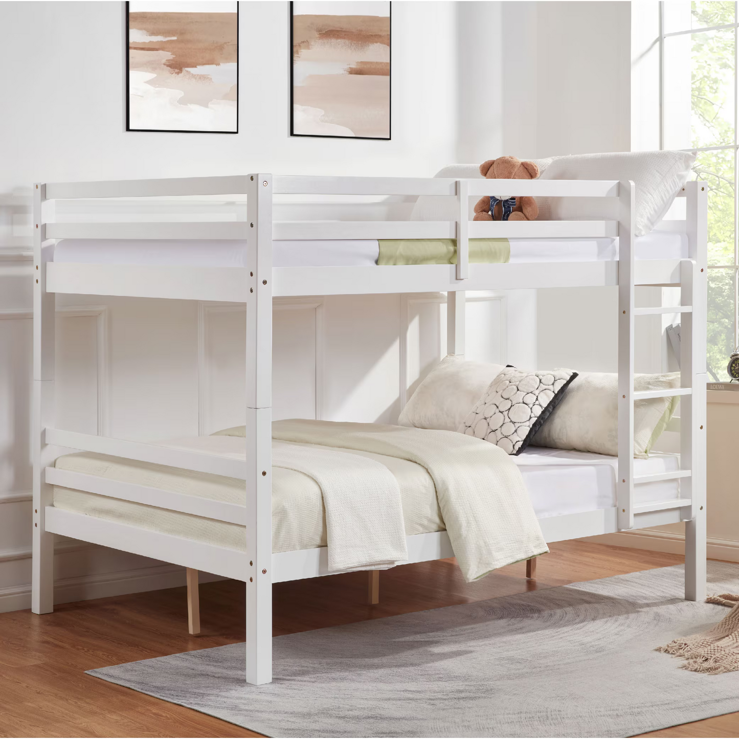 CAFORKP Full Over Full Solid Wood Bunk Bed with Thick Posts, High Guardrail & Ladder, 400LBS Capacity - White